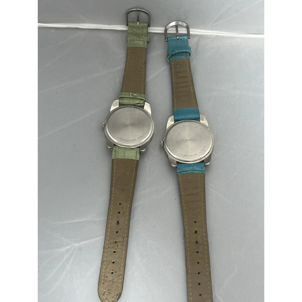 Pair‎ of Women's Fashion Wristwatches Green & Blue Bands Rhinestone Bezel